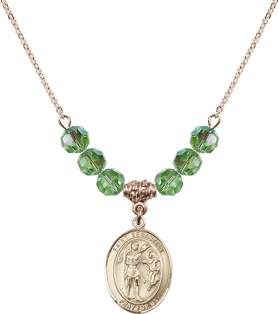 14kt Gold Filled Saint Sebastian Birthstone Necklace with Peridot Beads - 8100
