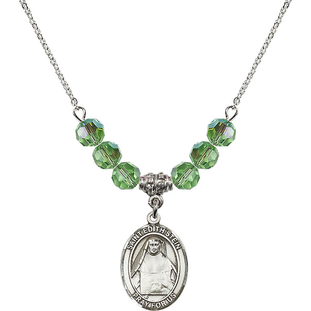 Sterling Silver Saint Edith Stein Birthstone Necklace with Peridot Beads - 8103