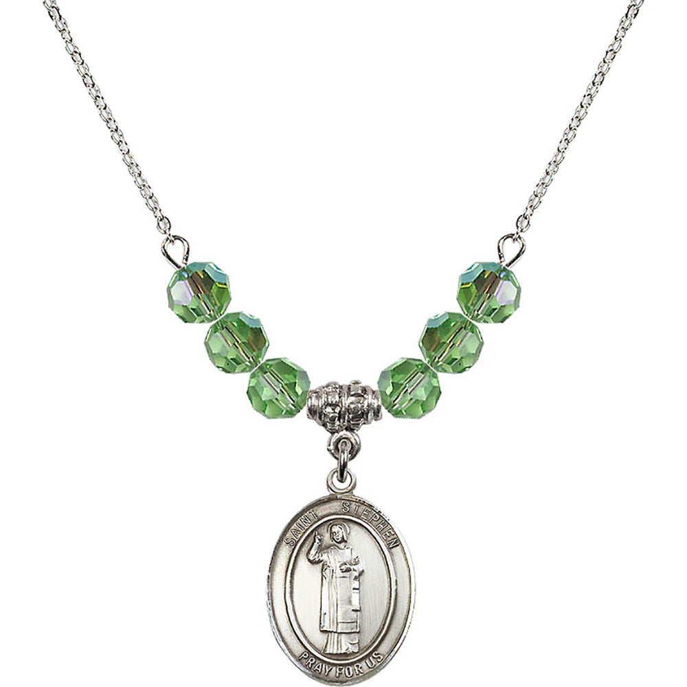 Sterling Silver Saint Stephen the Martyr Birthstone Necklace with Peridot Beads - 8104