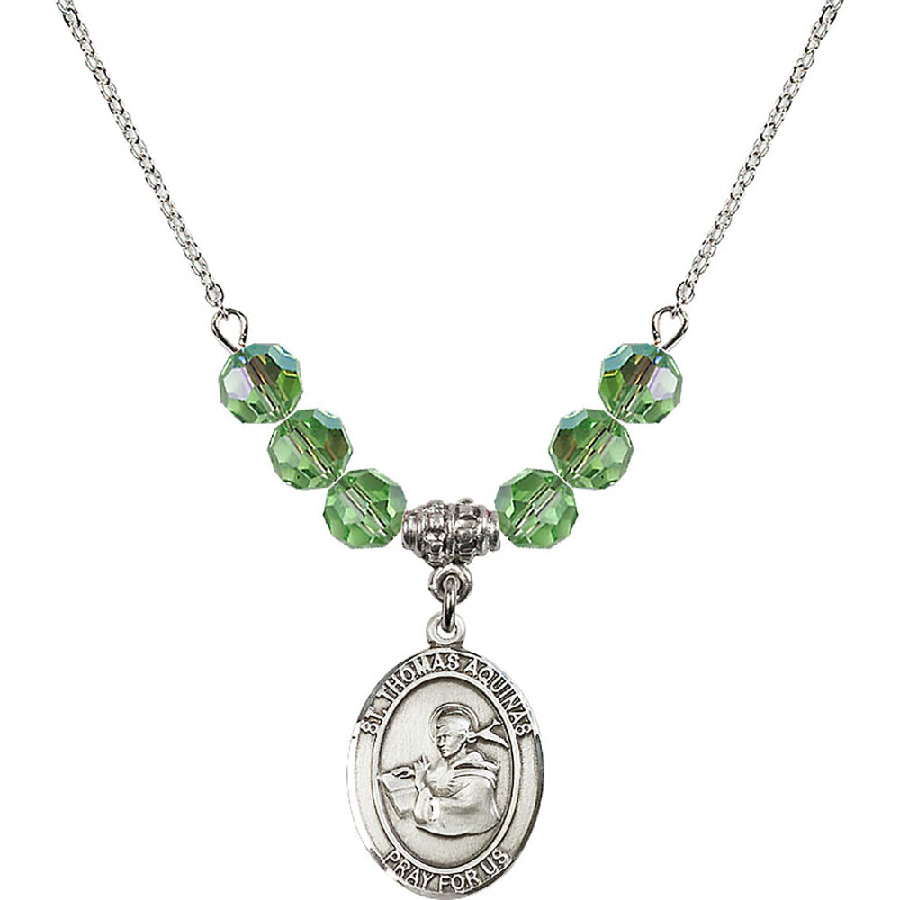 Sterling Silver Saint Thomas Aquinas Birthstone Necklace with Peridot Beads - 8108