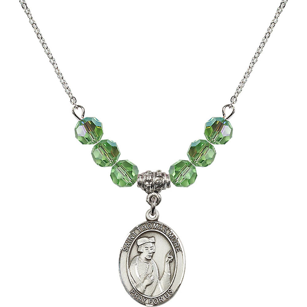 Sterling Silver Saint Thomas More Birthstone Necklace with Peridot Beads - 8109