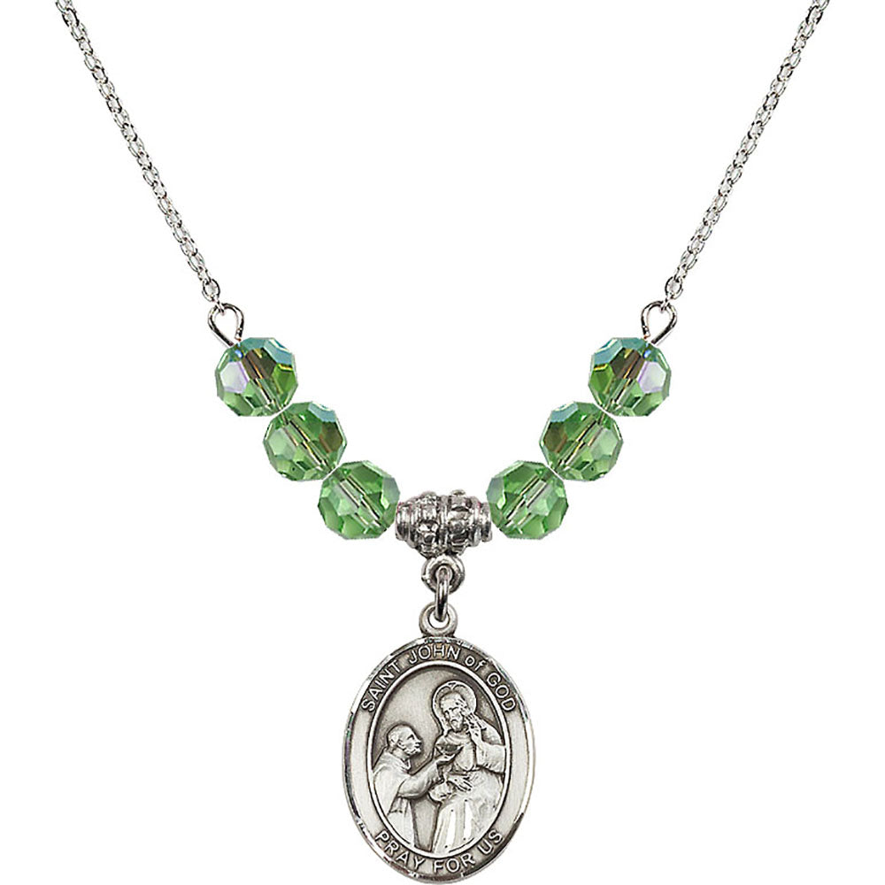 Sterling Silver Saint John of God Birthstone Necklace with Peridot Beads - 8112