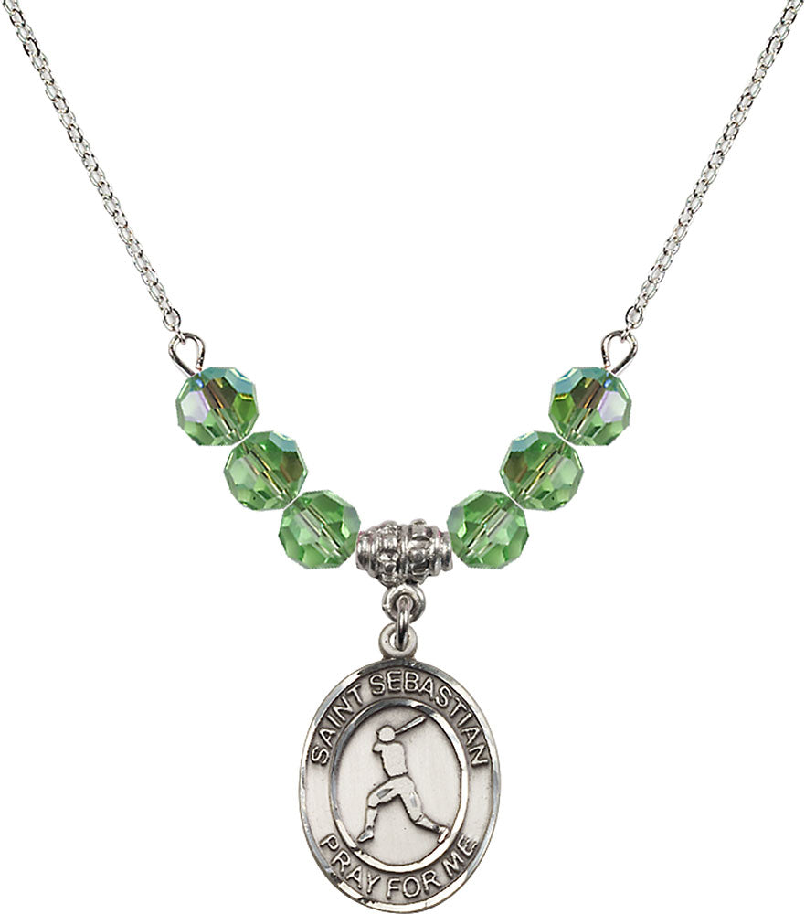 Sterling Silver Saint Sebastian/Baseball Birthstone Necklace with Peridot Beads - 8160