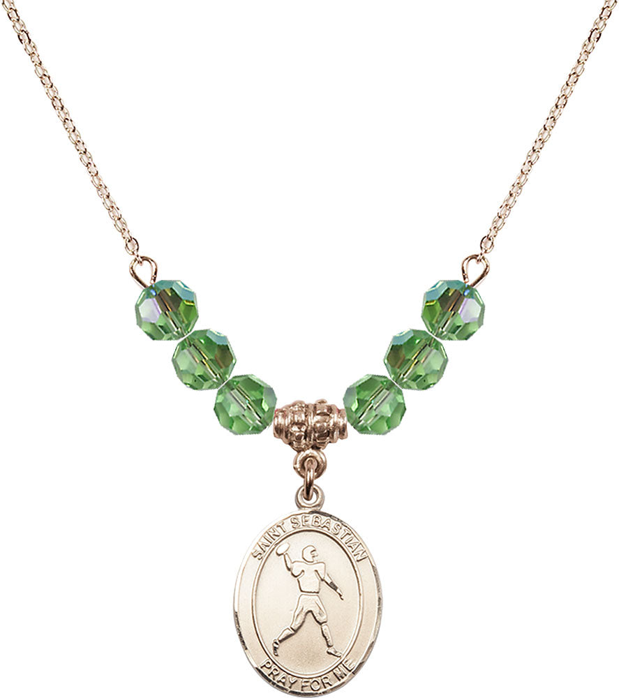 14kt Gold Filled Saint Sebastian/Football Birthstone Necklace with Peridot Beads - 8161