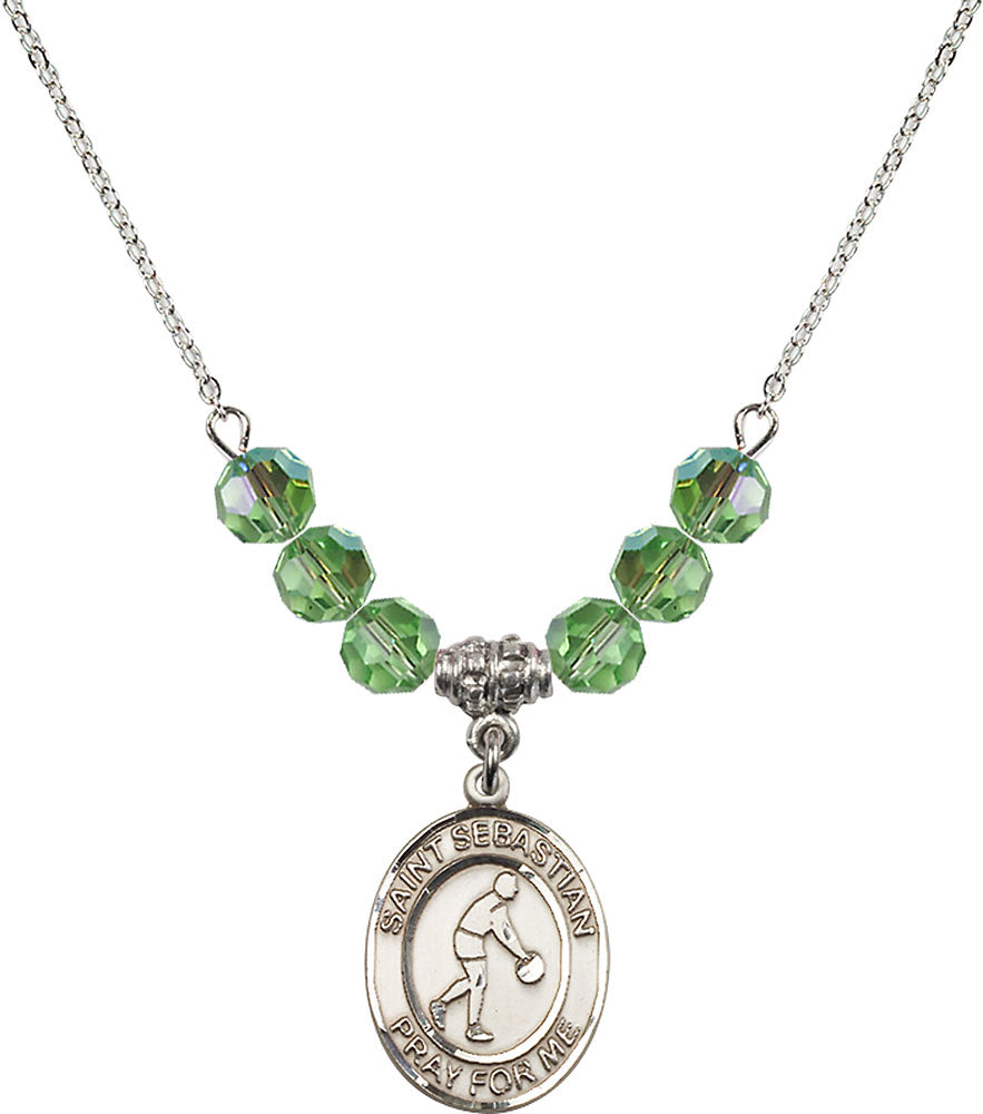 Sterling Silver Saint Sebastian/Basketball Birthstone Necklace with Peridot Beads - 8163