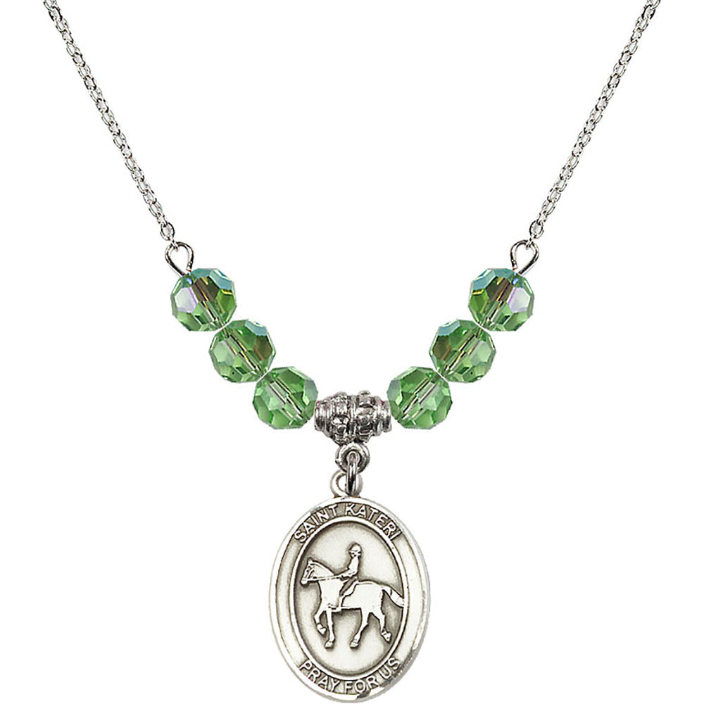 Sterling Silver Saint Kateri/Equestrian Birthstone Necklace with Peridot Beads - 8182