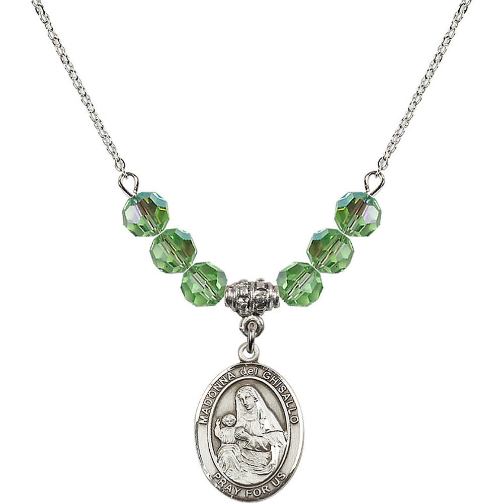Sterling Silver Madonna del Ghisallo Birthstone Necklace with Peridot Beads - 8203