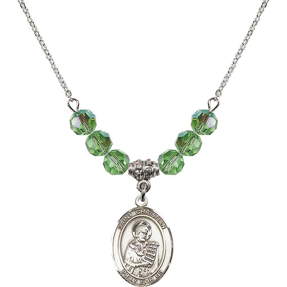 Sterling Silver Saint Christian Demosthenes Birthstone Necklace with Peridot Beads - 8257