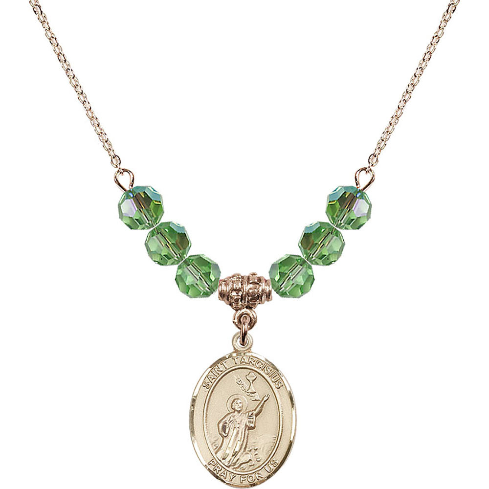 14kt Gold Filled Saint Tarcisius Birthstone Necklace with Peridot Beads - 8261