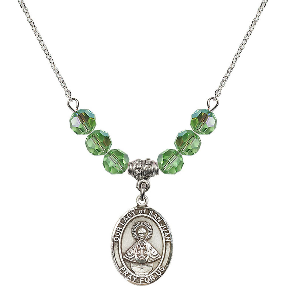 Sterling Silver Our Lady of San Juan Birthstone Necklace with Peridot Beads - 8263