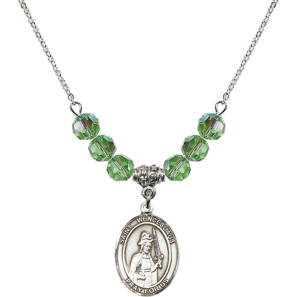 Sterling Silver Saint Wenceslaus Birthstone Necklace with Peridot Beads - 8273