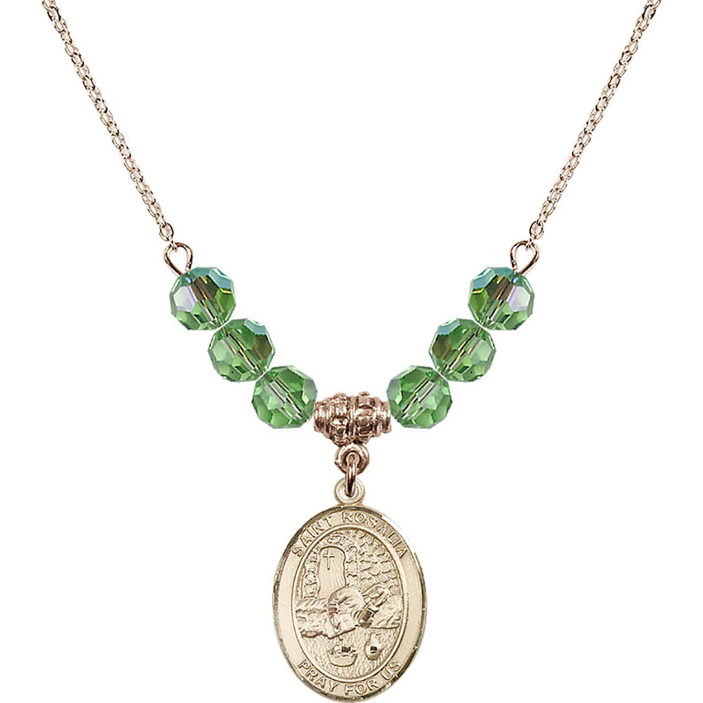 14kt Gold Filled Saint Rosalia Birthstone Necklace with Peridot Beads - 8309
