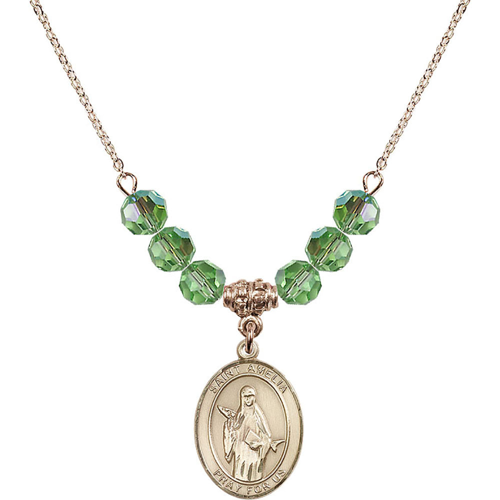 14kt Gold Filled Saint Amelia Birthstone Necklace with Peridot Beads - 8313