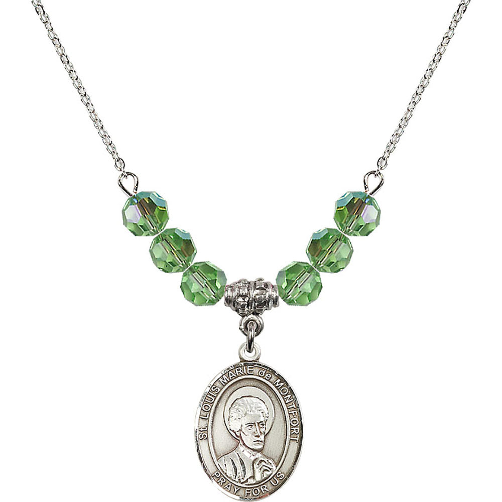 Sterling Silver Saint Louis Marie de Montfort Birthstone Necklace with Peridot Beads - 8330