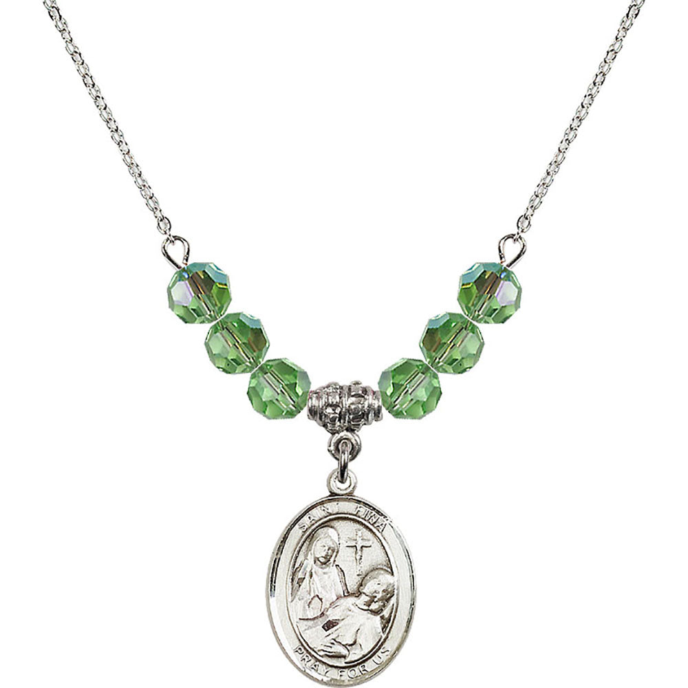 Sterling Silver Saint Fina Birthstone Necklace with Peridot Beads - 8364