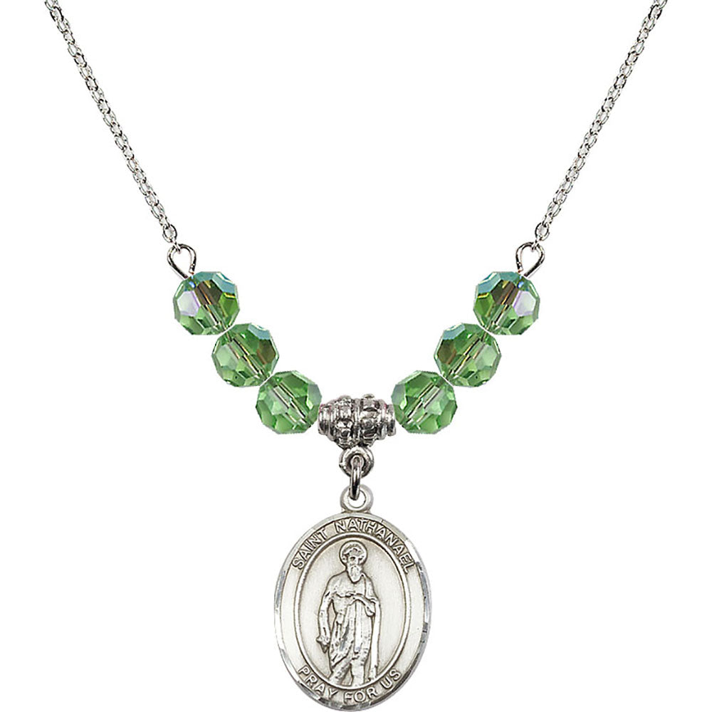 Sterling Silver Saint Nathanael Birthstone Necklace with Peridot Beads - 8398