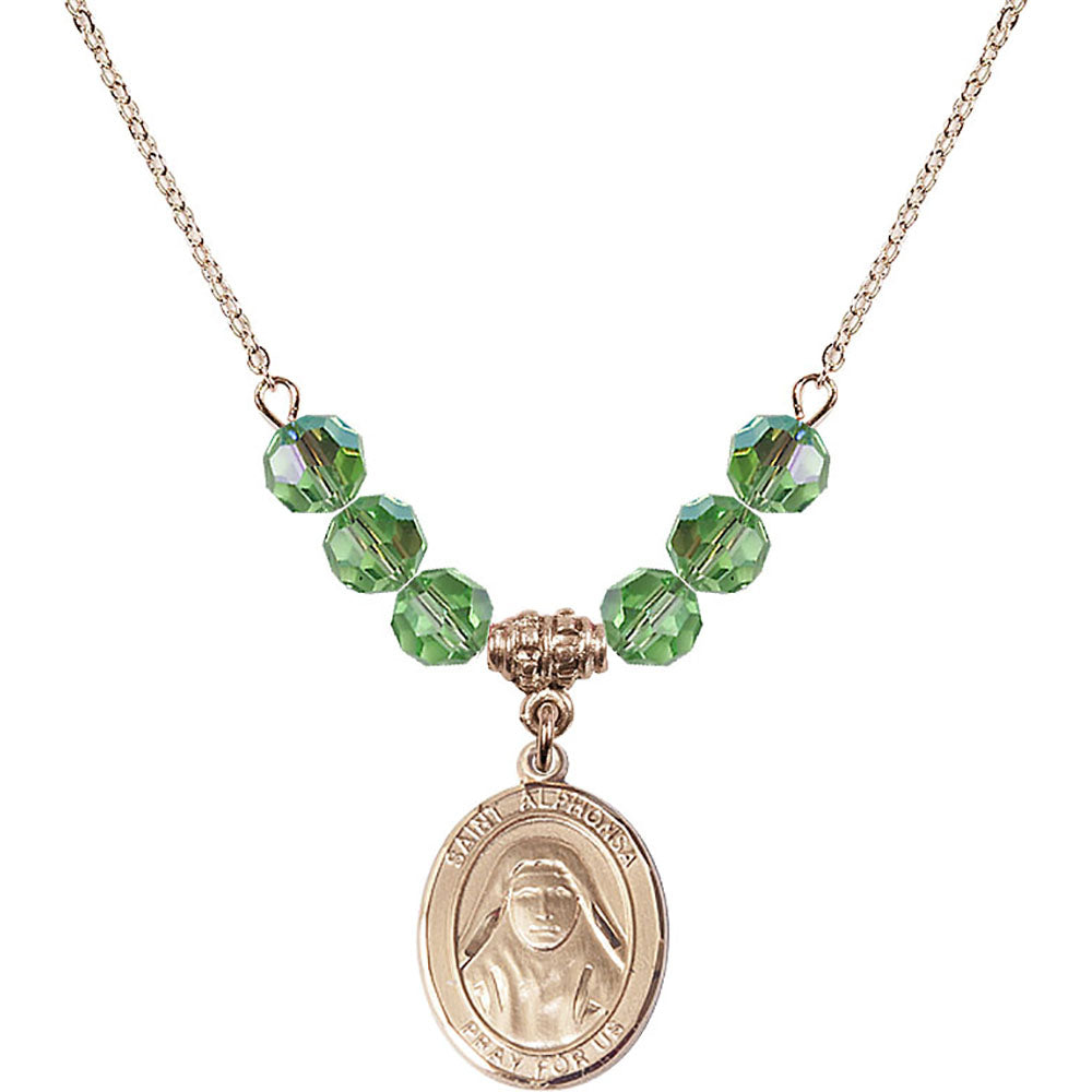 14kt Gold Filled Saint Alphonsa of India Birthstone Necklace with Peridot Beads - 8406
