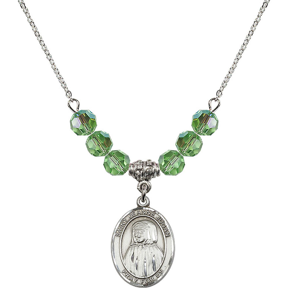 Sterling Silver Saint Jeanne Jugan Birthstone Necklace with Peridot Beads - 8409