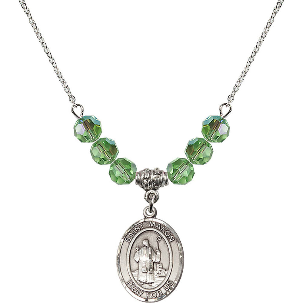 Sterling Silver Saint Maron Birthstone Necklace with Peridot Beads - 8417