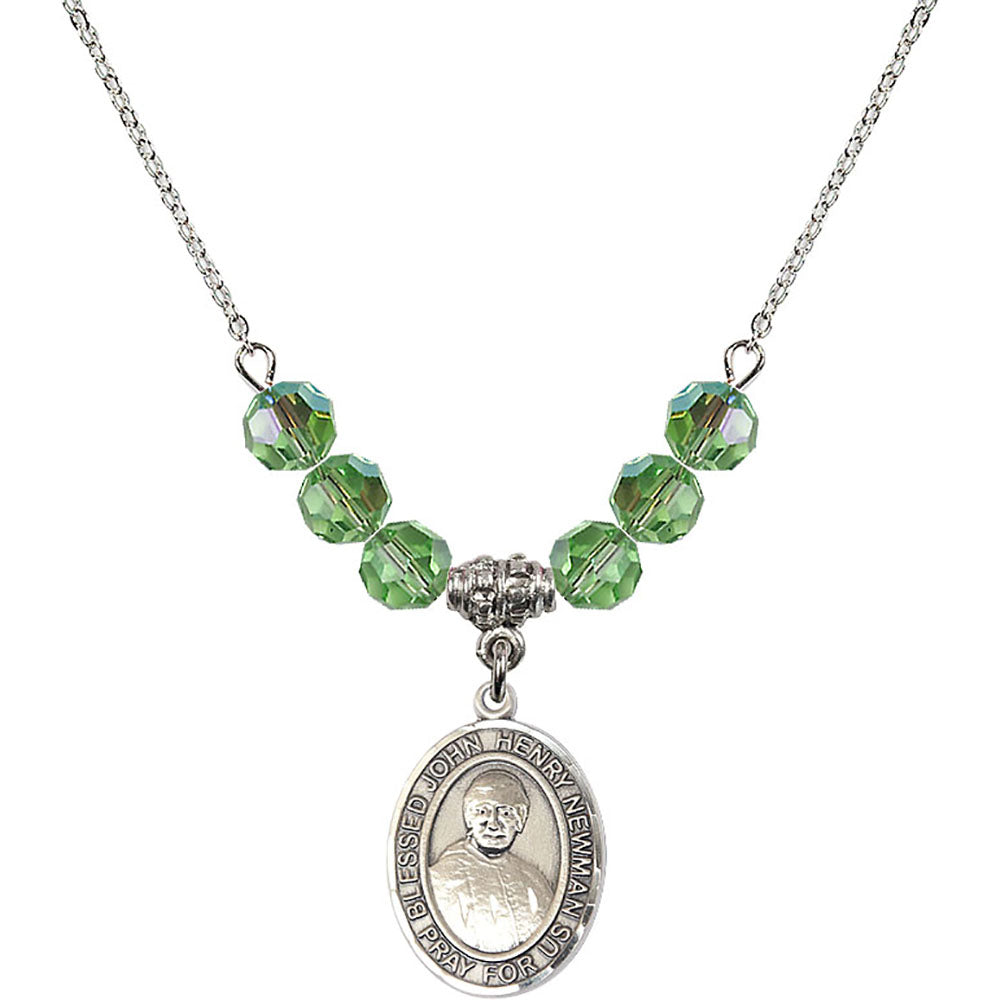 Sterling Silver Blessed John Henry Newman Birthstone Necklace with Peridot Beads - 8423