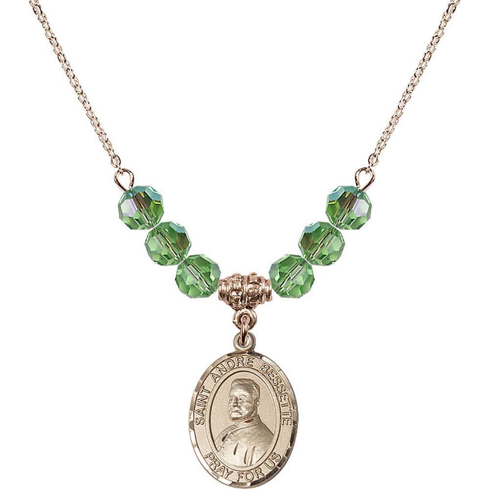 14kt Gold Filled Saint Andre Bessette Birthstone Necklace with Peridot Beads - 8424