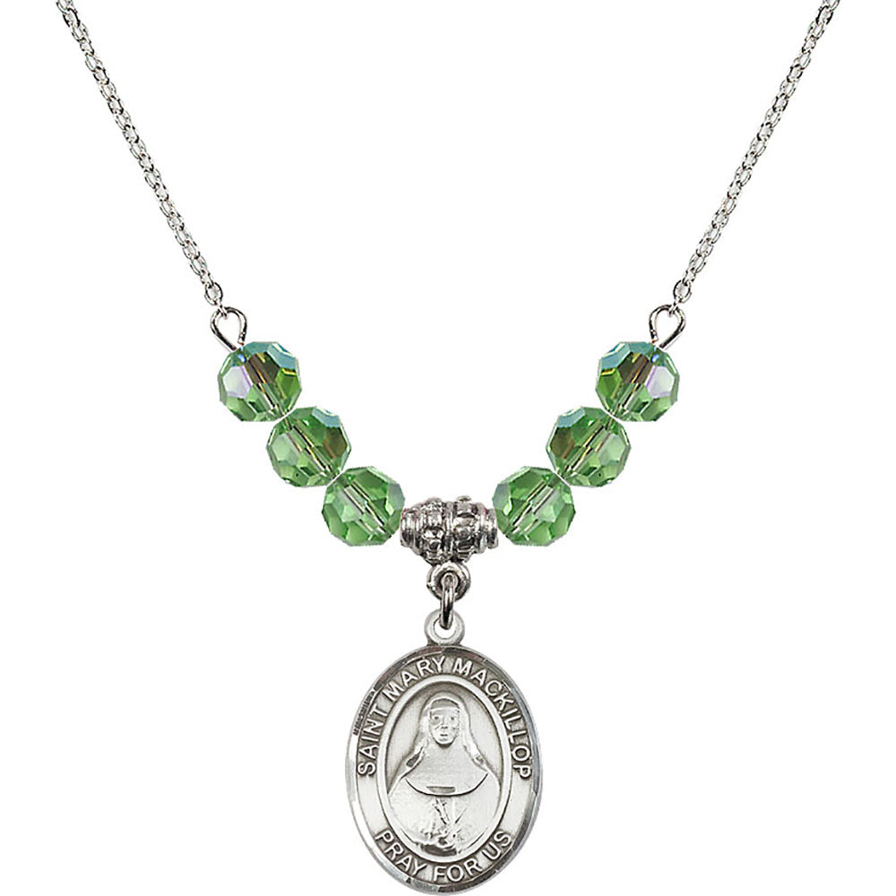Sterling Silver Saint Mary Mackillop Birthstone Necklace with Peridot Beads - 8425