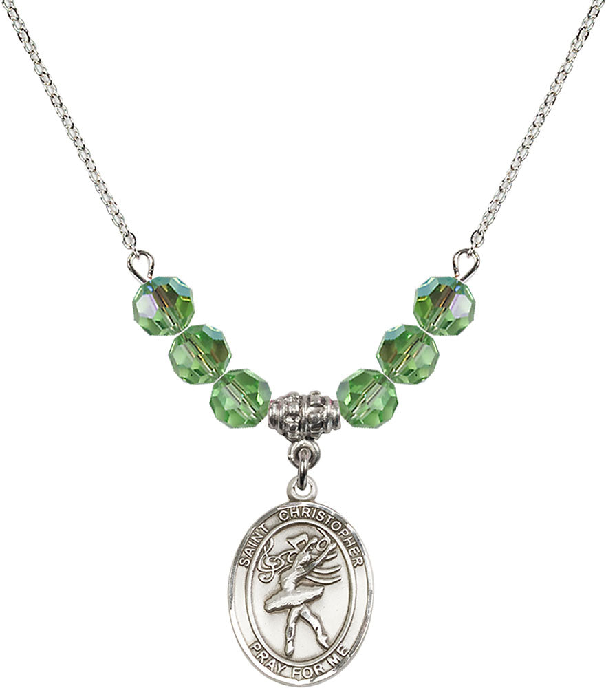 Sterling Silver Saint Christopher/Dance Birthstone Necklace with Peridot Beads - 8512