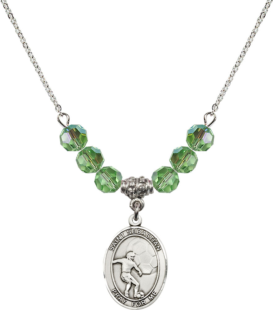 Sterling Silver Saint Sebastian / Soccer Birthstone Necklace with Peridot Beads - 8603