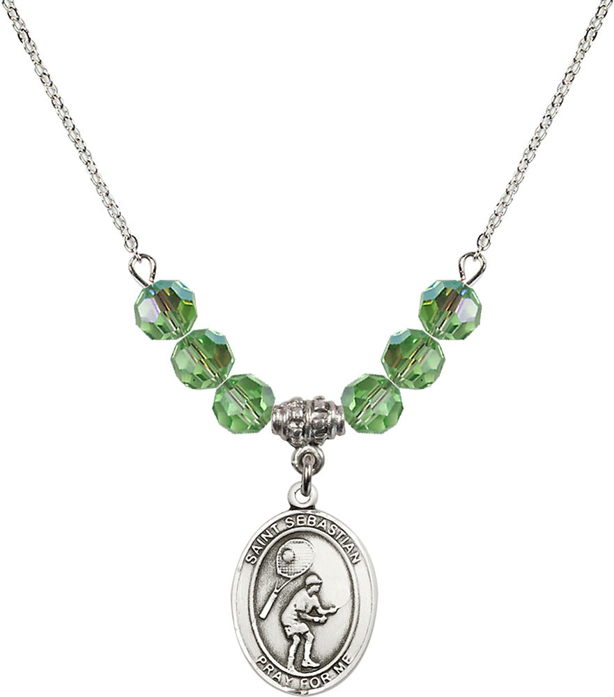 Sterling Silver Saint Sebastian / Tennis Birthstone Necklace with Peridot Beads - 8605