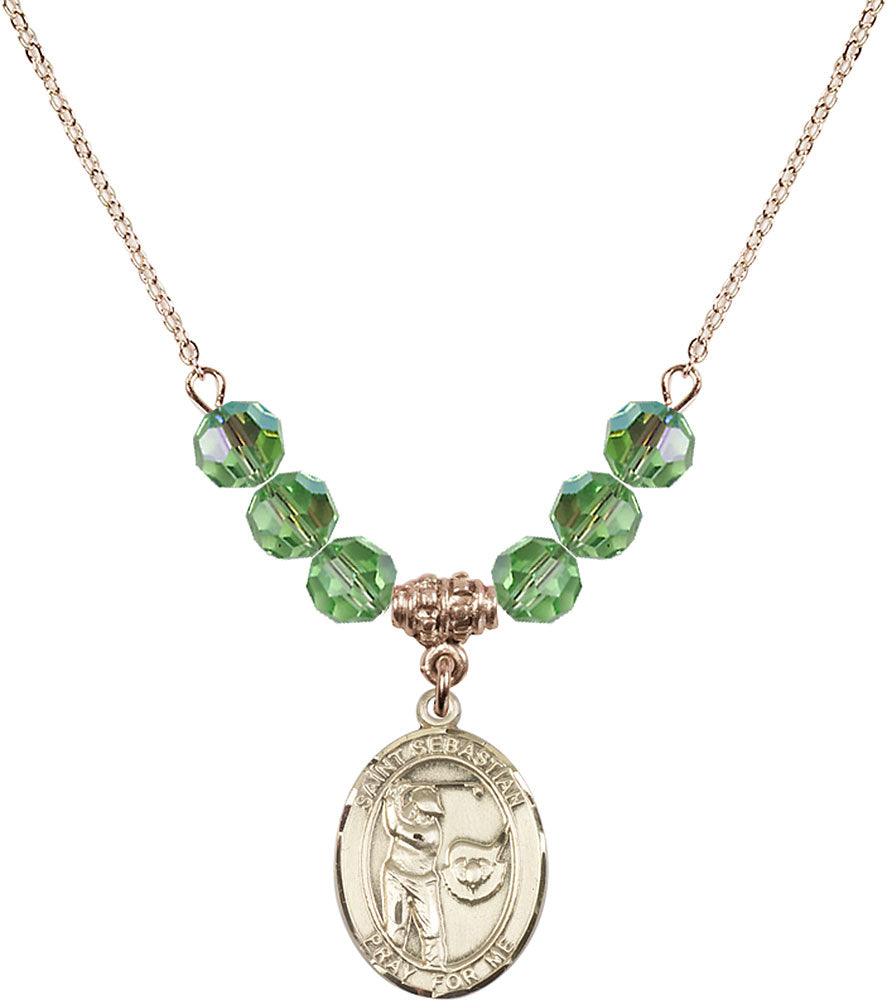 14kt Gold Filled Saint Sebastian / Golf Birthstone Necklace with Peridot Beads - 8606