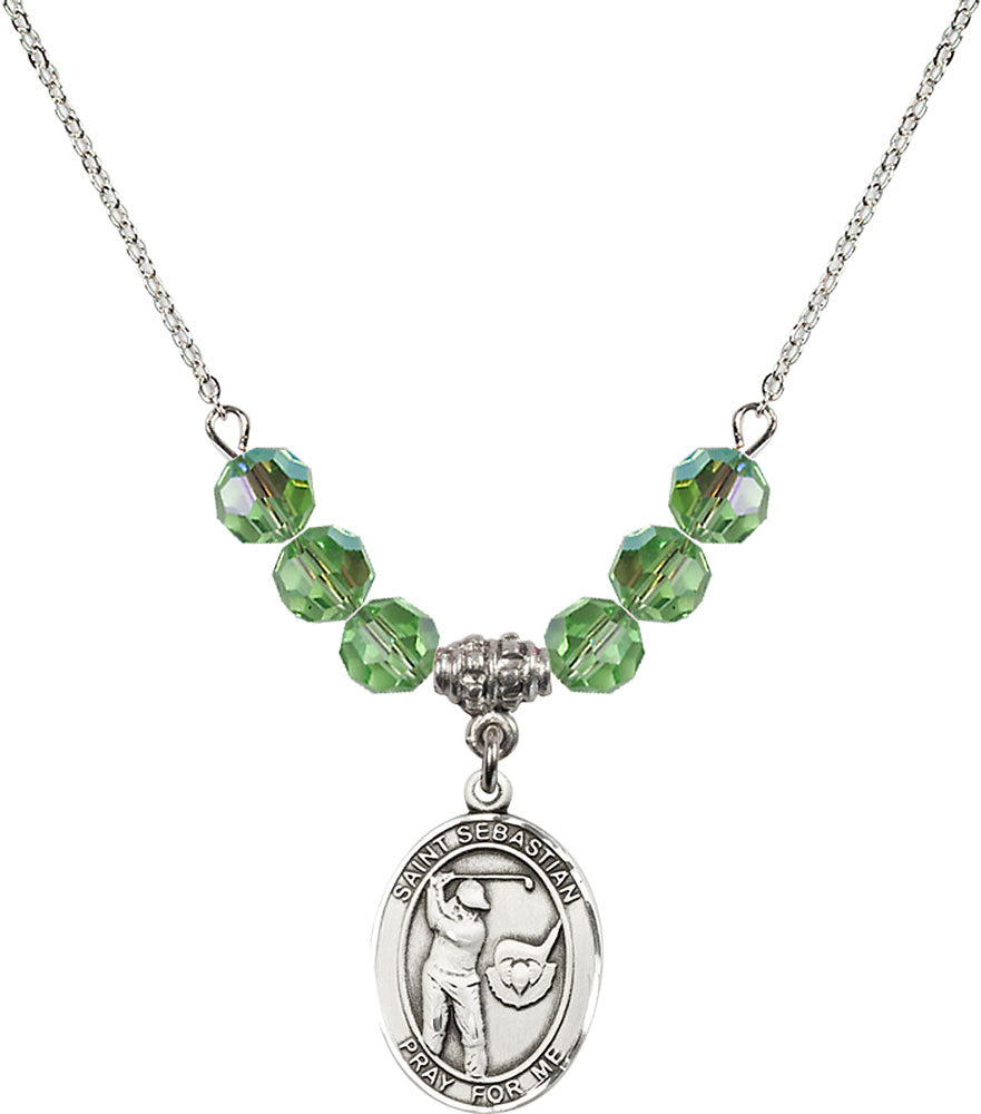 Sterling Silver Saint Sebastian / Golf Birthstone Necklace with Peridot Beads - 8606