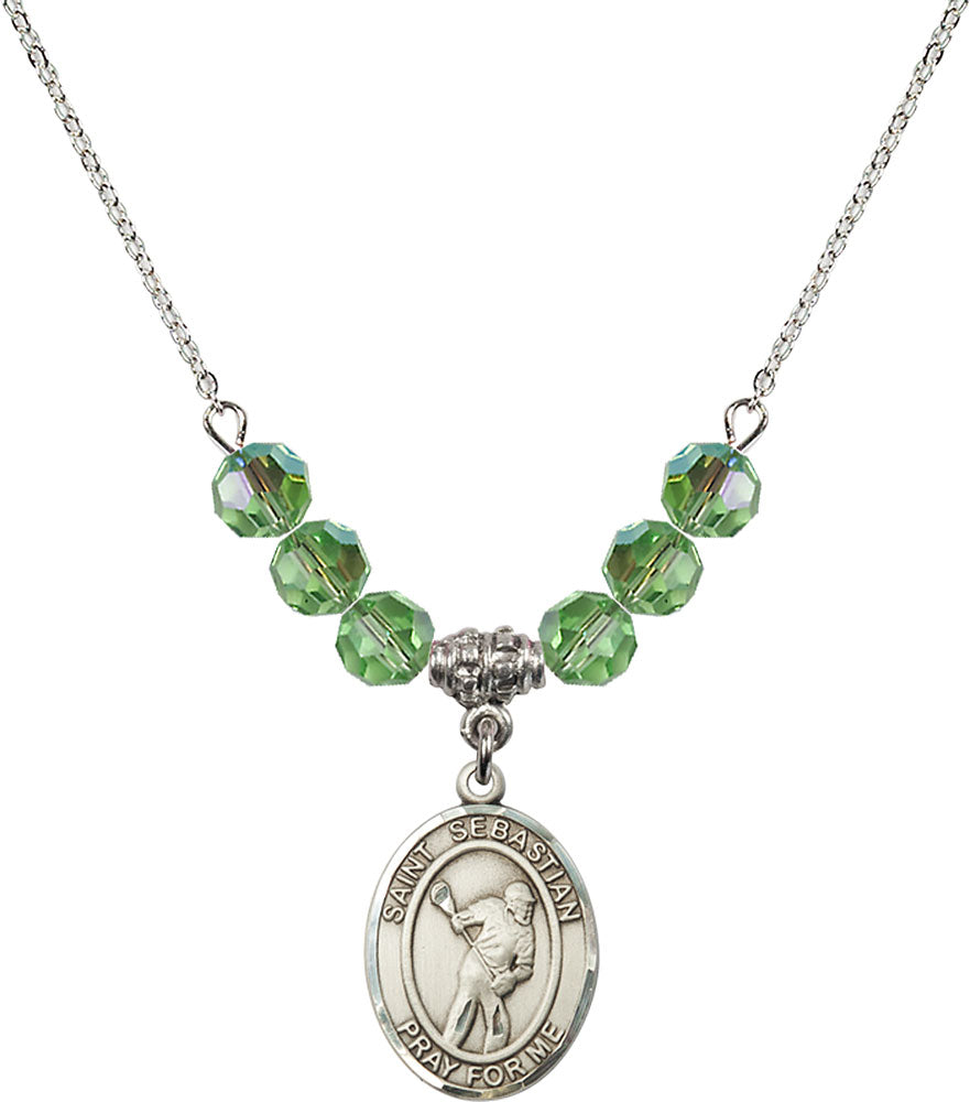 Sterling Silver Saint Sebastian/Lacrosse Birthstone Necklace with Peridot Beads - 8616