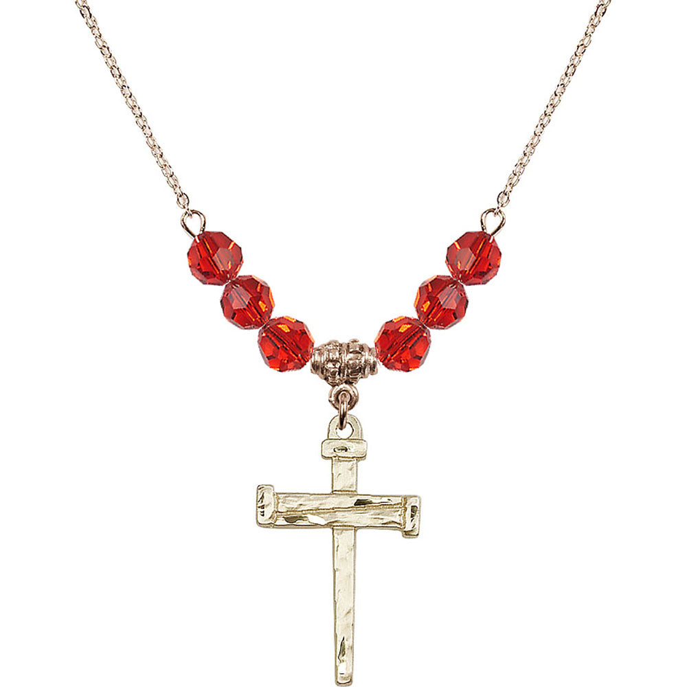 14kt Gold Filled Nail Cross Birthstone Necklace with Ruby Beads - 0013