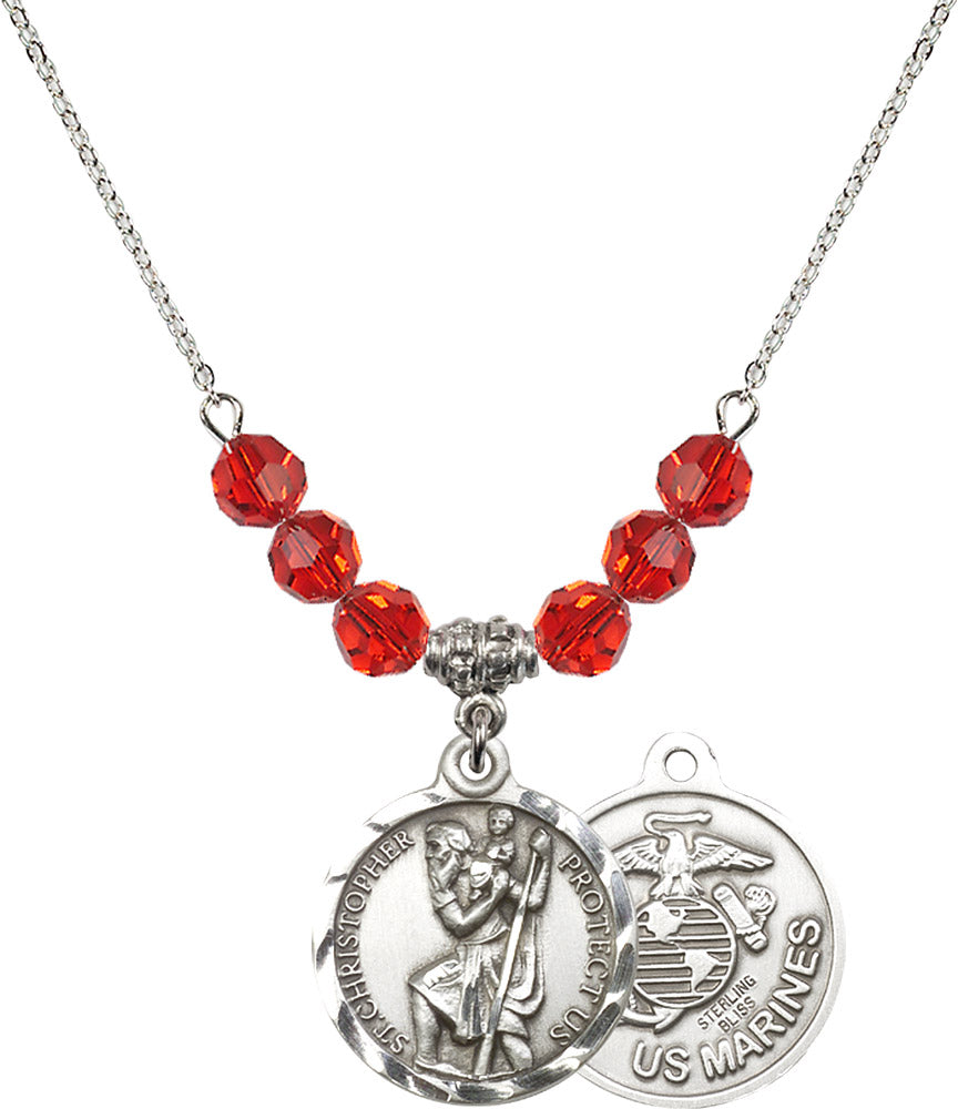 Sterling Silver Saint Christopher / Marines Birthstone Necklace with Ruby Beads - 0192
