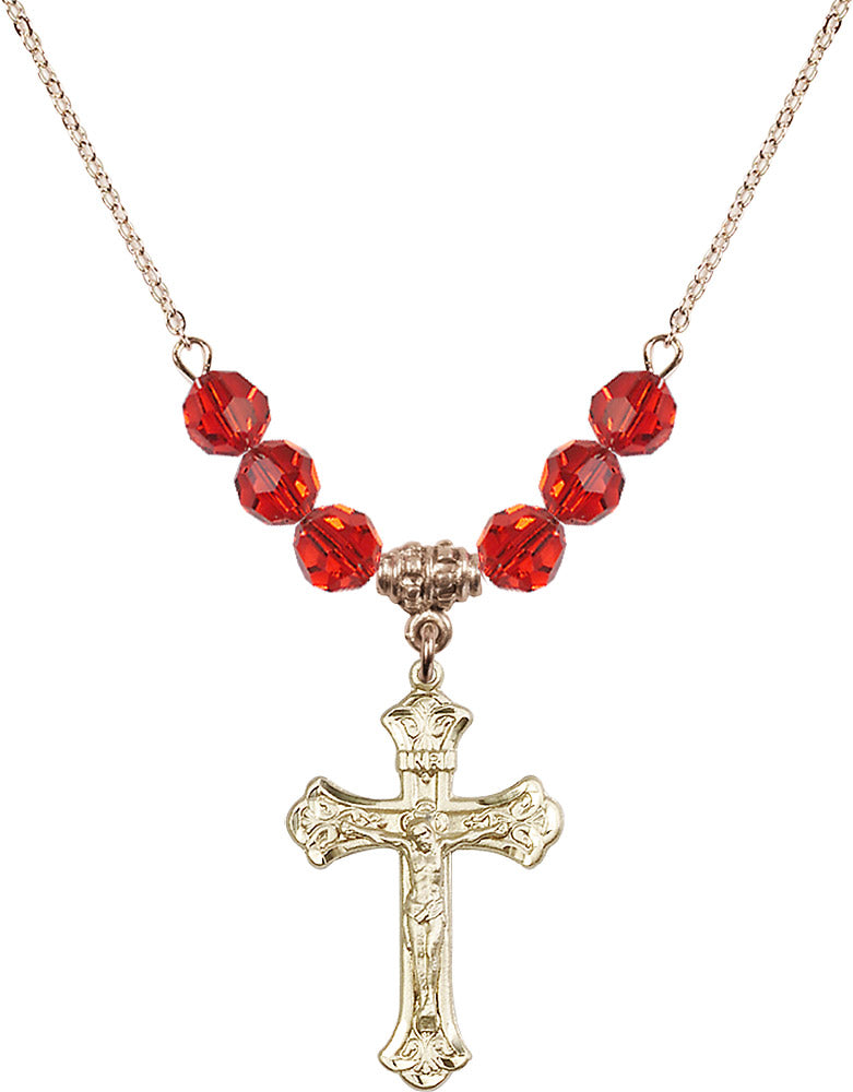 14kt Gold Filled Crucifix Birthstone Necklace with Ruby Beads - 0622