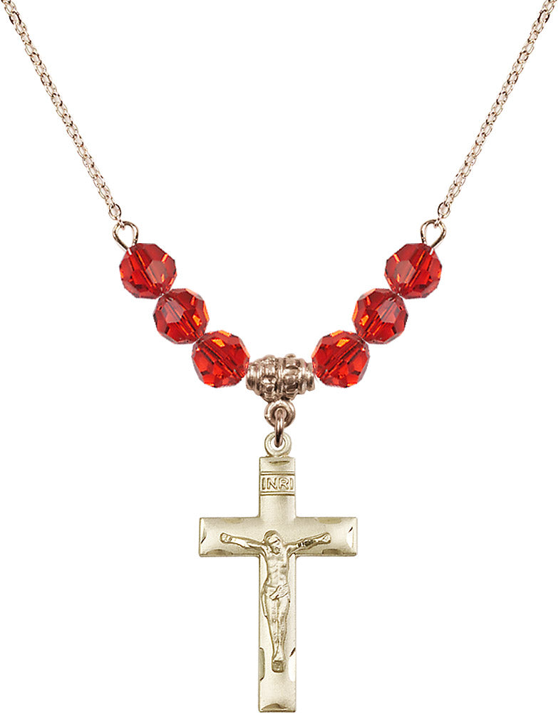 14kt Gold Filled Crucifix Birthstone Necklace with Ruby Beads - 0624