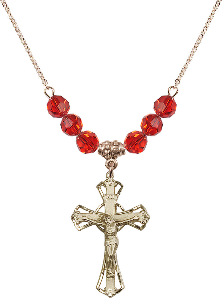 14kt Gold Filled Crucifix Birthstone Necklace with Ruby Beads - 0659