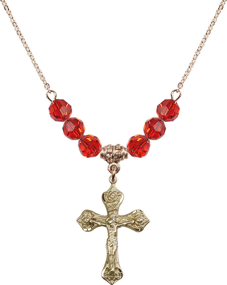 14kt Gold Filled Crucifix Birthstone Necklace with Ruby Beads - 0662