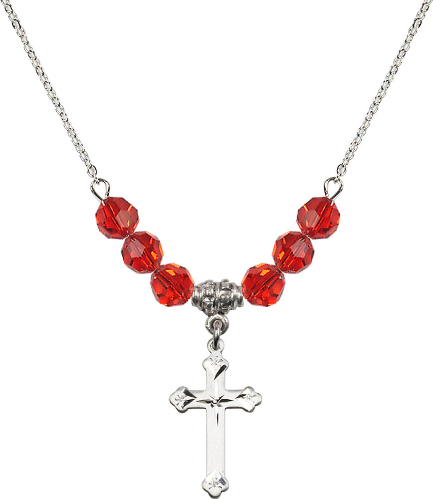 Sterling Silver Cross Birthstone Necklace with Ruby Beads - 0667