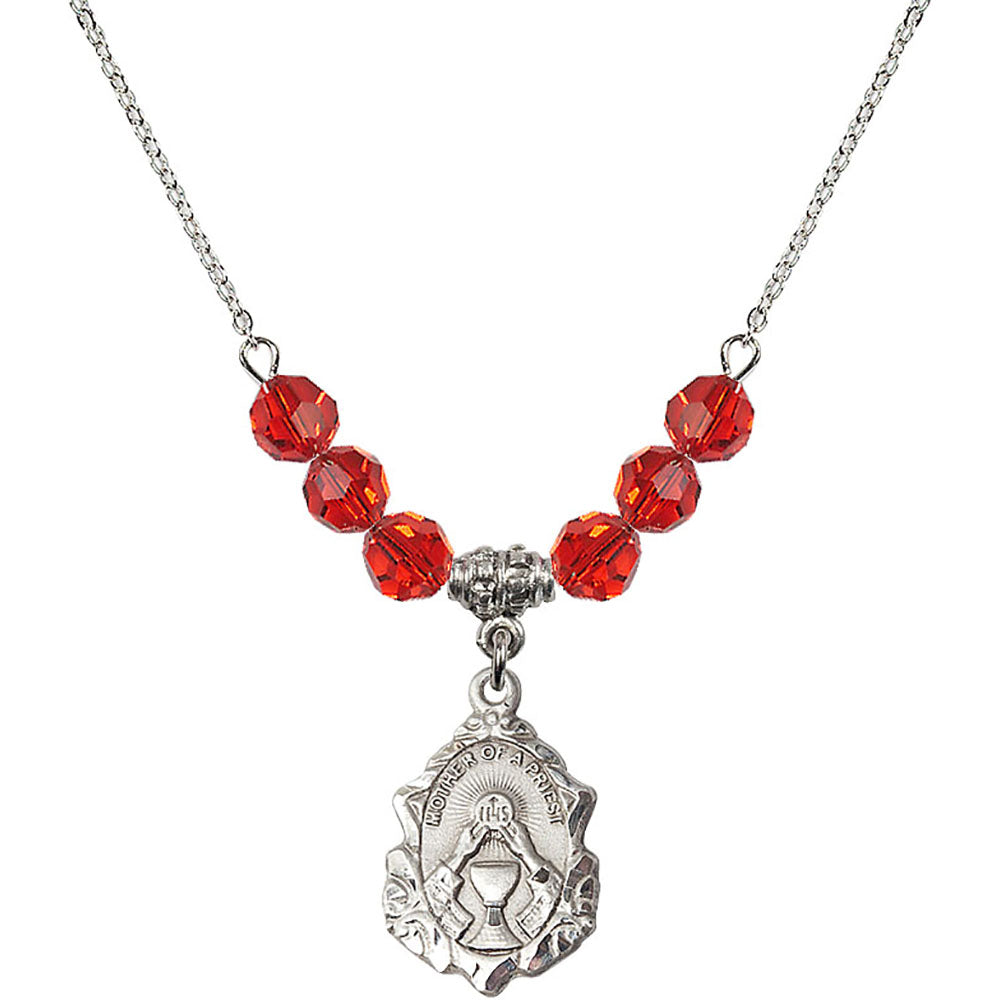 Sterling Silver Mother of a Priest Birthstone Necklace with Ruby Beads - 0811