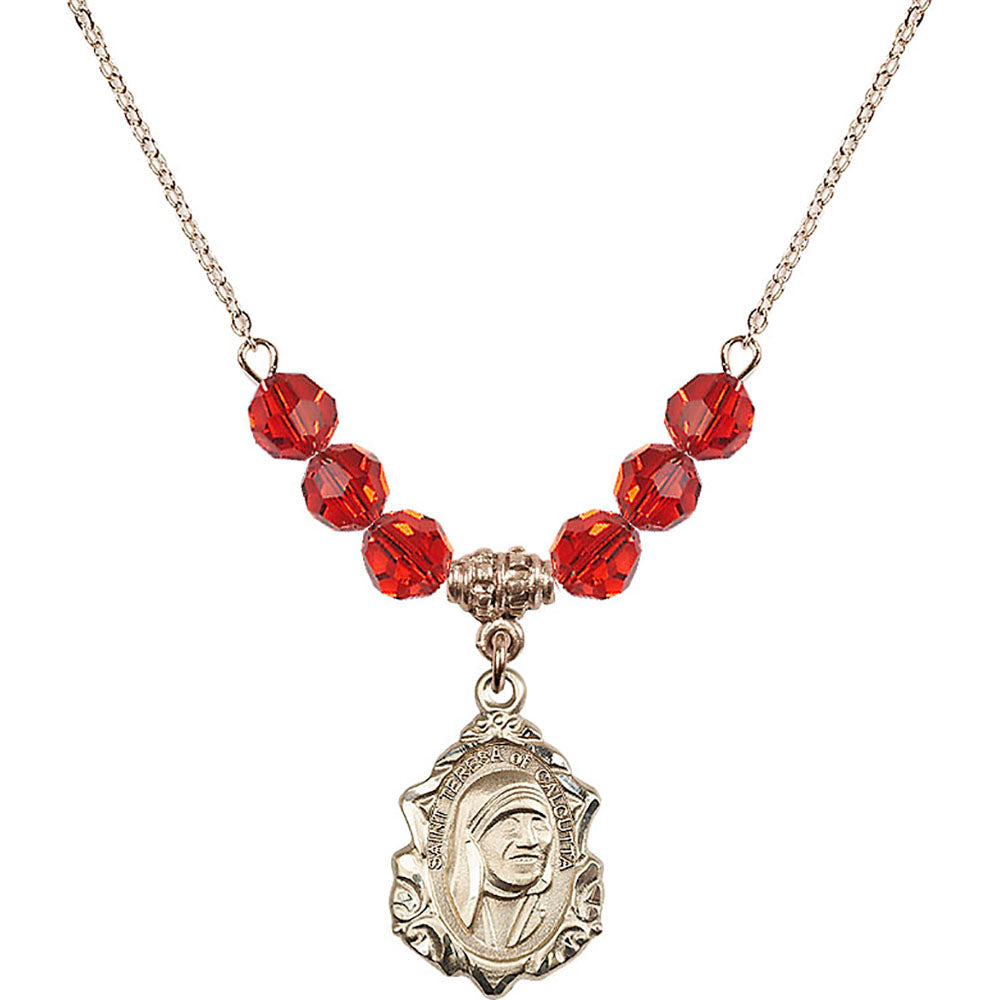14kt Gold Filled Saint Teresa of Calcutta Birthstone Necklace with Ruby Beads - 0812