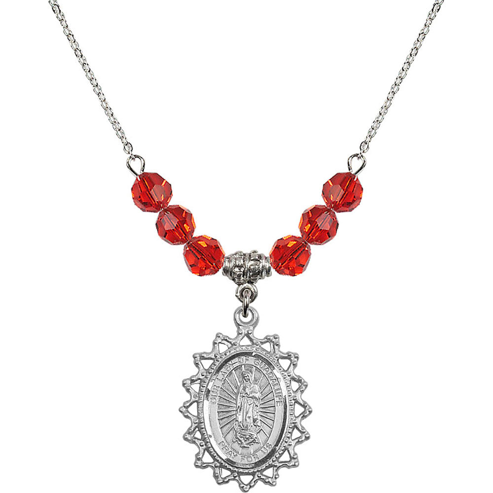 Sterling Silver Our Lady of Guadalupe Birthstone Necklace with Ruby Beads - 1619