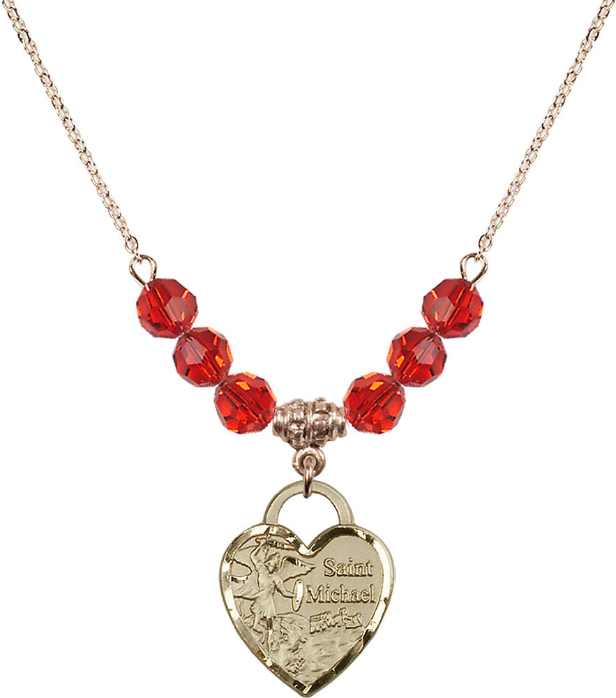 14kt Gold Filled Saint Michael the Archangel Birthstone Necklace with Ruby Beads - 3203