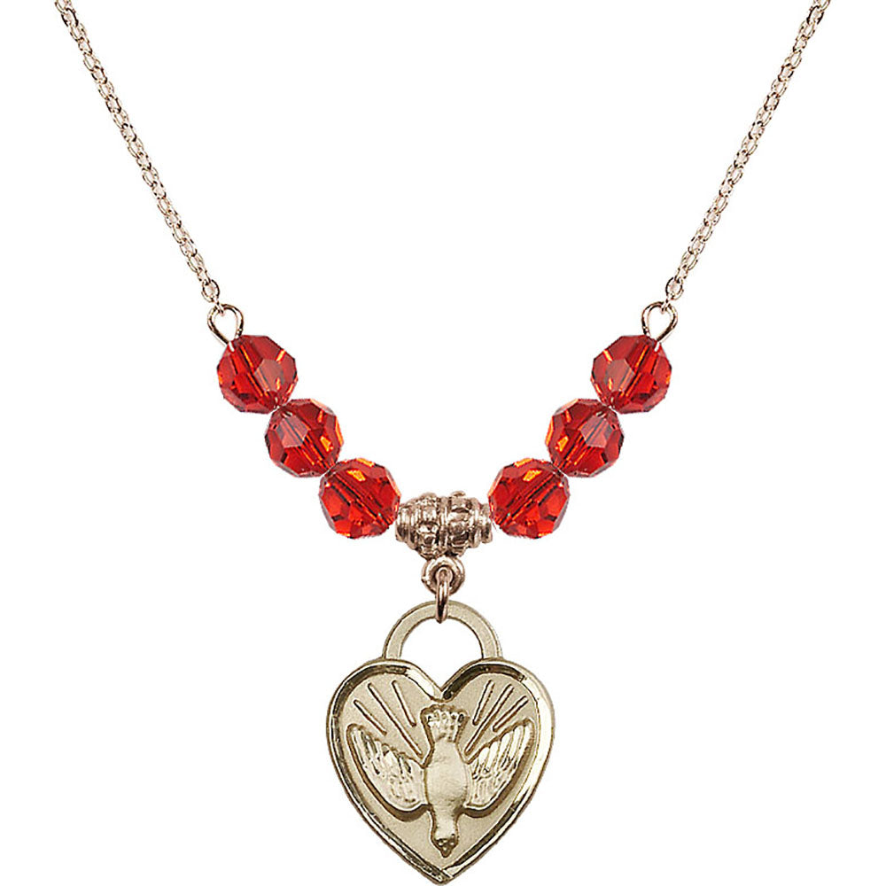 14kt Gold Filled Confirmation Heart Birthstone Necklace with Ruby Beads - 3205