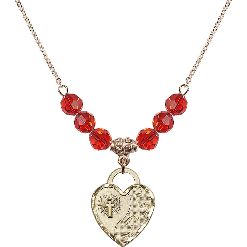 14kt Gold Filled Footprints Heart Birthstone Necklace with Ruby Beads - 3207