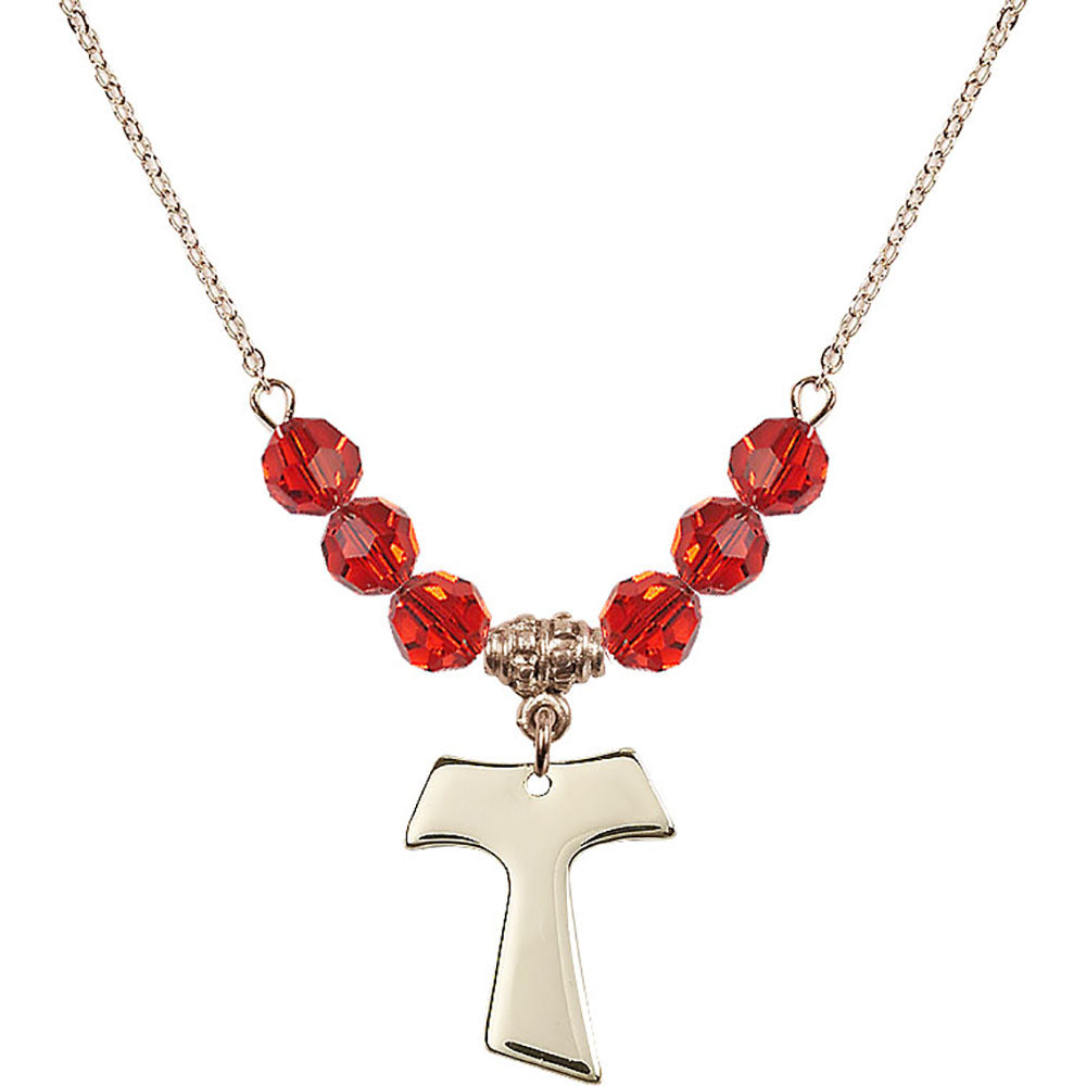 14kt Gold Filled Tau Cross Birthstone Necklace with Ruby Beads - 3948