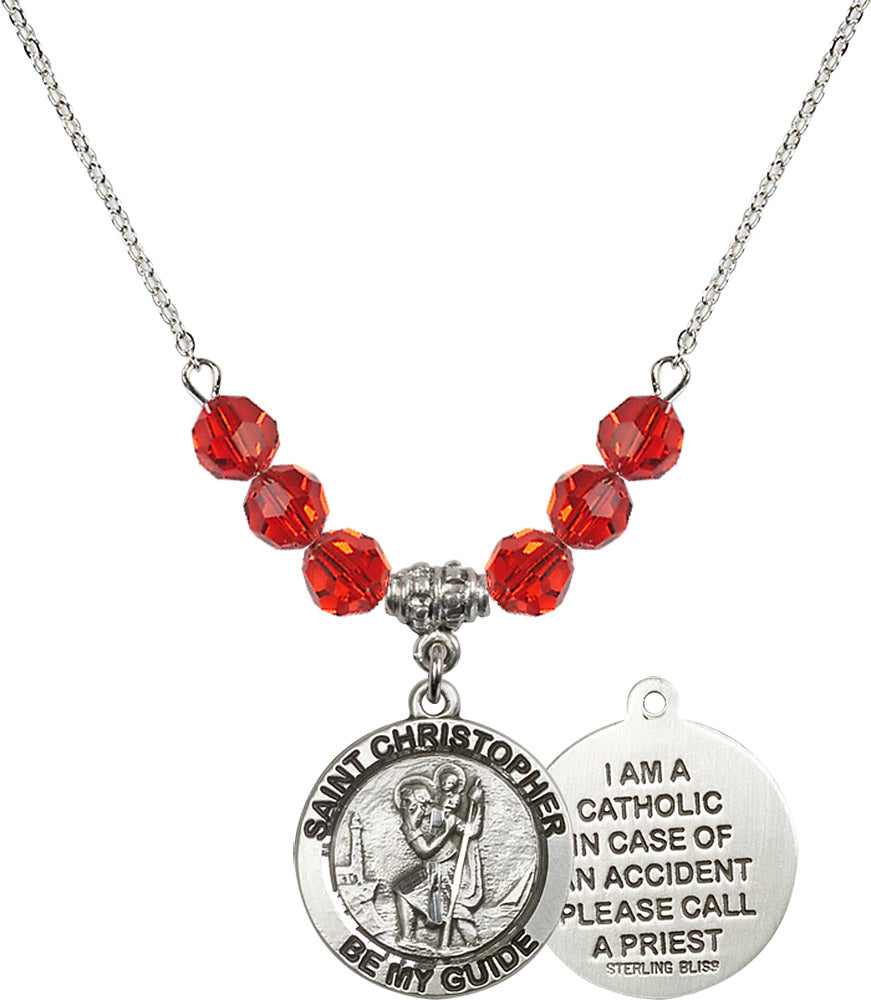 Sterling Silver Saint Christopher Birthstone Necklace with Ruby Beads - 4049