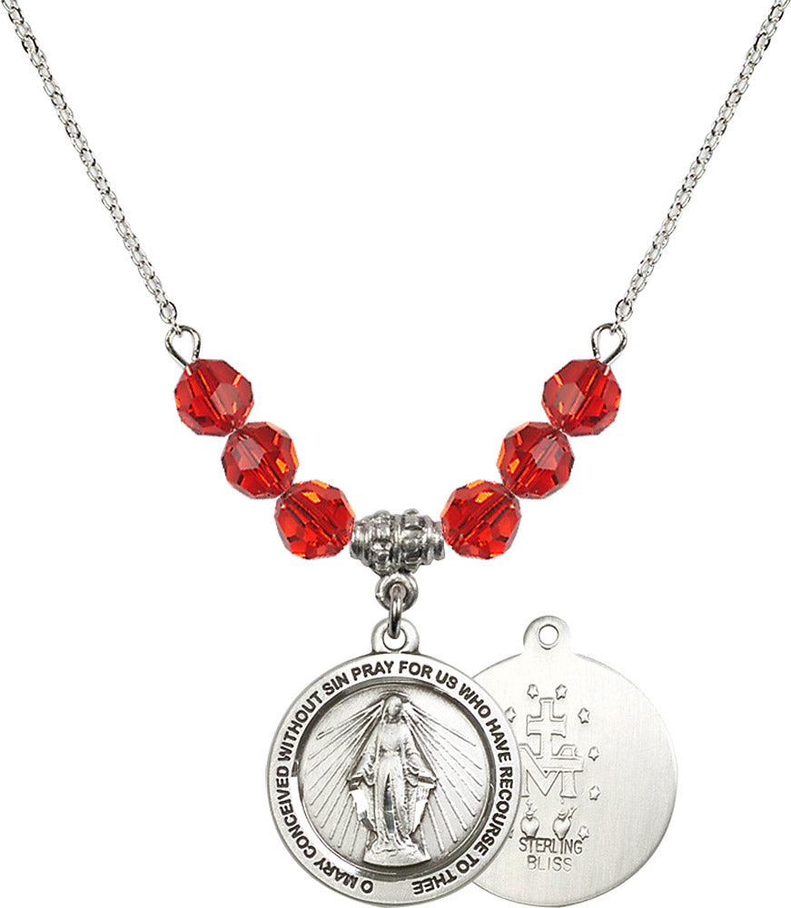 Sterling Silver Miraculous Birthstone Necklace with Ruby Beads - 4056