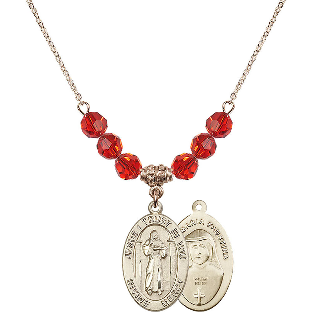 14kt Gold Filled Divine Mercy Birthstone Necklace with Ruby Beads - 4123
