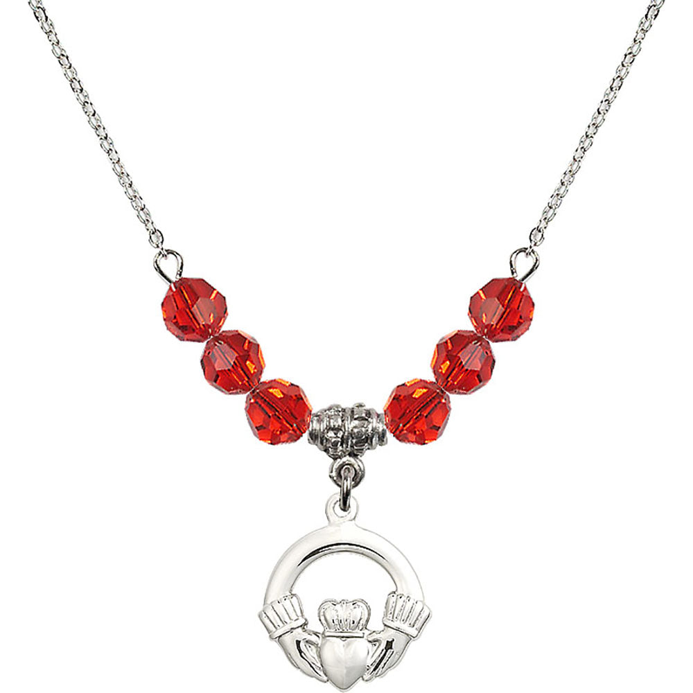 Sterling Silver Claddagh Birthstone Necklace with Ruby Beads - 4138
